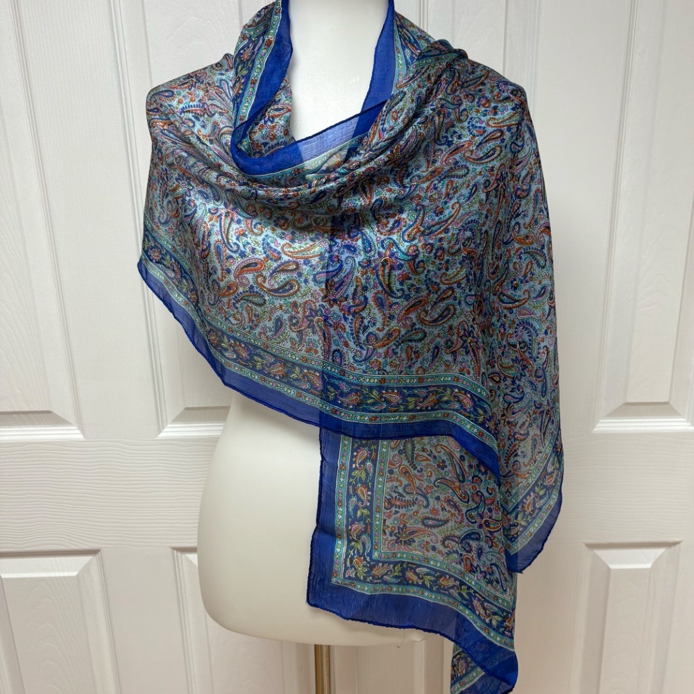 Blue Silk Paisley Scarf - 66"x18" .